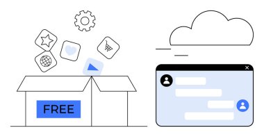 Açık kutu etiketli özgür uygulama simgeleri, mesajlaşma arayüzlü tarayıcı penceresi, bulut simgesi. Teknoloji, uygulamalar, iletişim, yazılım, veri depolama, basit indirme sayfası için ideal