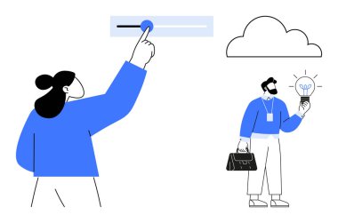 Kadın arayüz ayarlama şalteri, iş çantalı adam ampul tutuyor, buluta bağlanıyor. Takım çalışması, beyin fırtınası, yenilik, teknoloji, bulut hesaplaması, iş yaratıcılığı için ideal