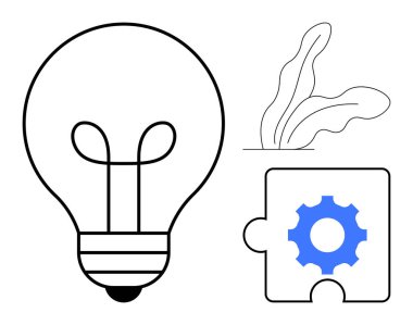 Yenilik için ampul, takım çalışması ve çözümler için teçhizatlı yapboz parçası ve büyüme için bitki. Yaratıcılık, yenilik, takım çalışması, sürdürülebilirlik, problem çözme, tasarım ve ilerleme için ideal