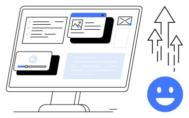 Bilgisayar monitörü, yukarı doğru büyüyen oklar ve mutlu yüzle multimedya içeriğini, e-postayı ve görevleri gösteriyor. Kullanıcı arayüzü tasarımı, üretkenlik, kullanıcı katılımı, geribildirim, eğitim için ideal