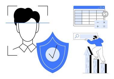 Yüz tanıma taraması, siber güvenlik işaretli kalkan, analitik çizelge ve yükselen iş büyümesi. Gizlilik koruması için ideal, çevrimiçi güvenlik, veri analizi, teknik geliştirme