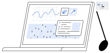 Laptop ekran görüntüleme satırı ve çubuk grafikleri, genişleyen seçenekler ve liste paneli. İş, istatistik, analitik, veri raporlama, sunumlar, piyasa araştırma eğitimi için idealdir.