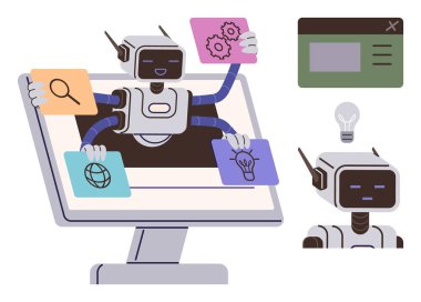 Robot arama, fikir, ayar ve web simgeleriyle monitörlerin dışına uzanıyor. Yapay zeka hizmetleri, teknoloji, otomasyon, yenilik, yaratıcılık yazılımı için ideal basit düz metafor