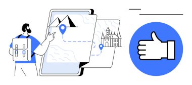 Sırt çantası işaretli yerleri, yolu, işaretli yerleri ve varış noktalarını gösteren sanal haritayı gösteriyor. Turizm, navigasyon, planlama, macera, seyahat uygulamaları için ideal basit iniş sayfası