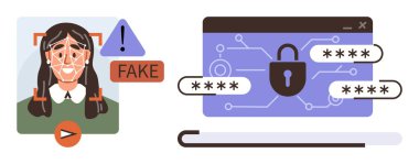 Yüz tanıma sistemi uyarı işareti ve alarm ile birlikte şifre korumalı dijital arayüzü tespit etti. Siber güvenlik, kimlik koruması, derin sahte farkındalık, dijital güvenlik için ideal