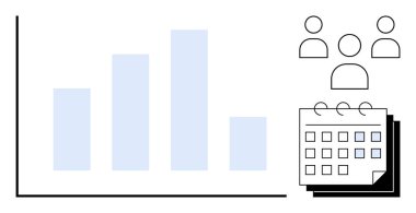 Büyüme verilerini temsil eden çubuk grafik, bir grup insan simgesi ve planlama için bir takvim. Takım çalışması, analitik, verimlilik, zaman yönetimi, organizasyon iş stratejisi için ideal. A