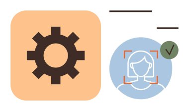 Vites simgesi, doğrulamayı belirten işaretli yüz tanıma hatlarının yanındaki ayarları ya da işlem otomasyonunu temsil eder. Teknoloji, yapay zeka, güvenlik, biyometri, yetki, yüz bakımı için ideal