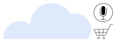 Mikrofon ve alışveriş arabalı mavi bulut ses kontrolü, online alışveriş ve yapay zeka hizmetleri için bulut teknolojisini ön plana çıkarıyor. Teknoloji, otomasyon, perakende, iletişim ve yenilik için ideal