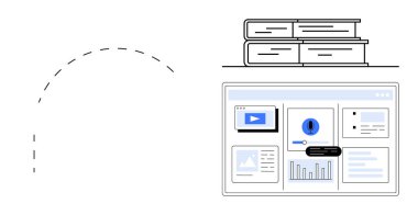 Yığılmış kitapların yanında veri tabloları, içgörüler ve araçları gösteren ekran. Eğitim, araştırma, veri analizi, iş, teknoloji öğrenmek için ideal modern tasarım. Basit düz metafor