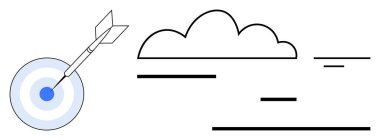 Dart hedefi isabetle vurur, bulut soyut fikirleri ve hız ve hareketi simgeler. Strateji, hedef belirleme, verimlilik, hassasiyet, vizyon, basit iniş için ideal