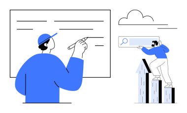 Üzerinde işaret ve arama çubuğu bulunan bir kişi daha var. İşbirliği, planlama, hedef belirleme, analitik, takım çalışması, dijital arama ve yenilik için ideal. Basit düz metafor