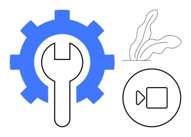 İndirilmiş ingiliz anahtarı, yeşillik çizgisi ve oynatma düğmesi olan dişliler. Teknoloji, onarım, dijital aletler, dersler, mekanik otomasyon sürdürülebilirliği için ideal. Basit düz metafor