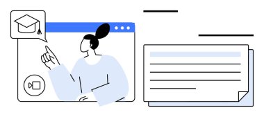Online materyal, mezuniyet başlığı simgesi ve video konferans elemanlarıyla etkileşime giren bir kadın. Eğitim, e-öğrenim, sanal sınıflar, dijital araçlar, uzaktan öğrenme, çevrimiçi danışmanlık için ideal