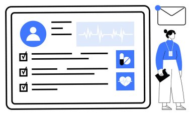 Kullanıcı fotoğrafı, kontrol listesi, sağlık verileri ve kalp ikonu içeren bir tıbbi profil gösteren tablet. Sağlık bakımı uzmanı pano ile ayakta duruyor. Sağlık yönetimi, teletıp, hasta bakımı için ideal
