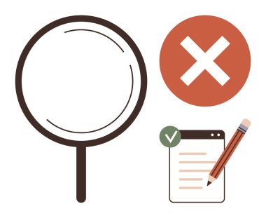 Büyüteç, kırmızı haç, kalem ve yeşil işaretli kontrol listesi analizi, karar verme mekanizmasını, hata tespitini, kalite kontrol, değerlendirme, araştırma ve gözden geçirme süreçlerini sembolize eder. İdeal