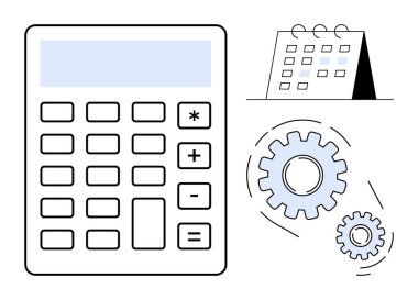 Sayısal ve işlevsel tuşlara sahip hesap makinesi, tarihlerle işaretlenmiş ayakta duran bir takvim ve birbirine kenetlenmiş vitesler. Finans, programlama, üretkenlik, planlama, organizasyon, otomasyon için ideal
