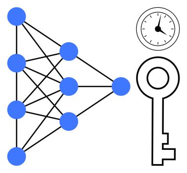 Birbirine bağlı düğümleri, analog saati ve anahtarı olan sinirsel ağ diyagramı. Teknoloji, yapay zeka, makine eğitimi, zaman yönetimi, siber güvenlik yeniliği ve problem çözme için ideal. En düşük düz