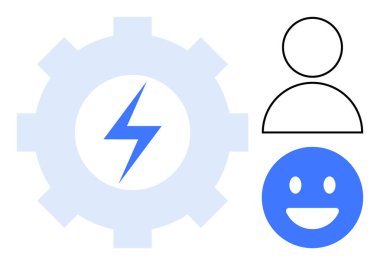 Güç yıldırımlı dişli enerji ve verimliliği simgeler. İki kullanıcı ikonu, biri nötr ve biri gülümsüyor, nişanı temsil ediyor. İş akışı, takım çalışması, enerji, kullanıcı deneyimi ve yenilik için ideal