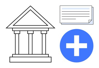 Sütunlu bina, kağıt döküman ve mavi tıbbi haç. Sağlık, hukuk, eğitim, yönetim, politika, kamu hizmeti ve organizasyon için idealdir. Basit düz metafor