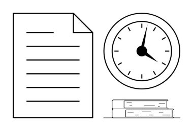 Bir belge ve kitap yığınının yanında açık işaretli saat, verimliliği, teslim tarihlerini, öğrenmeyi, odaklanmayı, organizasyonu, planlamayı vurguluyor. Eğitim, zaman izleme ve basit bir daire için ideal