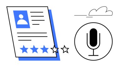 Kullanıcı profili, fotoğraf, metin satırları ve bir mikrofon simgesiyle birlikte yıldızlar. Performans değerlendirmesi, kullanıcı anketi, geri bildirim toplama, podcast konusu, çevrimiçi değerlendirme kariyer değerlendirmesi için ideal