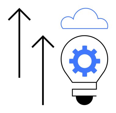 Yeniliği sembolize eden dişli ampul, büyümeyi temsil eden iki yukarı doğru ok ve modern teknolojiyi çağrıştıran bulut. İş stratejisi, kalkınma, yenilik, ilerleme, bulut için ideal
