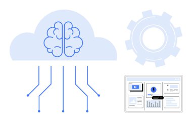 Veri hatlarını birbirine bağlayan bir bulutun içine yerleştirilmiş beyin, bir dişli ve gösterge panelinin yanında. Yapay zeka, makine öğrenme, bulut hesaplama, veri analizi, otomasyon, teknoloji yeniliği için idealdir. Minimalist daire
