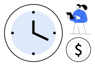 Zaman takibi için saat, karlılık için dolar işareti, örgütü temsil eden tabletli kadın. Üretkenlik, planlama, zamanlama, verimlilik, kaynak yönetimi için ideal, başarı basit