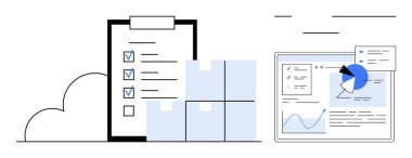 Üst üste dizilmiş kutuların yanında kontrol listesi panosu, grafikleri ve grafikleri gösteren analitik paneli. Arz zinciri, iş planlaması, lojistik, iş akışı yönetimi, üretkenlik araçları, e-ticaret için ideal