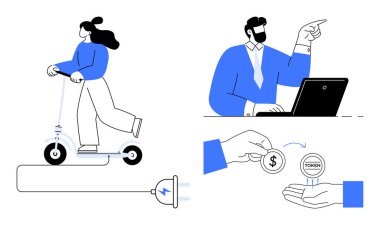 Elektrikli scooter kullanan kadın fişten şarj oluyor, adam dizüstü bilgisayar kullanıyor ve işaret ediyor, jetonla dolar değiş tokuşu yapıyor. Kentsel hareketlilik, eko-teknoloji, dijital ödeme, takım çalışması, enerji, ticaret geleceği için ideal