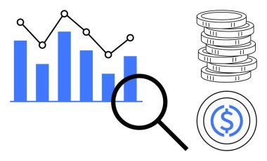 Çubuk grafik ve çizgi grafiği performans içgörülerini, analiz için büyüteç, bozuk para yığını ve para birimi simgesini temsil eder. Finans, analitik, iş, yatırım, araştırma büyümesi için ideal