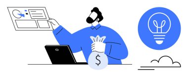 Analitik gösterge paneline bakarken elinde para çantası olan bir adam dizüstü bilgisayarın başında oturuyor. Kavramsal ampul ikonu yakında. Finans, yaratıcılık, iş stratejisi, yenilik ve ekonomik büyüme için ideal