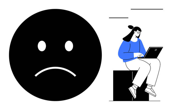Женщина сидит в квартале с ноутбуком, рядом большая грустная икона. Идеально подходит для эмоций, подвигов, онлайн-работы, психического здоровья, решения проблем, цифрового общения со стрессом. Простая плоская метафора