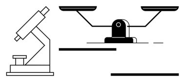 Bilimsel araştırmaları, analizleri, doğruluğu ve mantığı sembolize eden mikroskop ve denge ölçeği yan yana. Eğitim, laboratuvar, deney, keşif hassasiyeti için ideal minimum düzlük