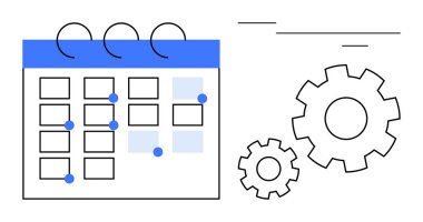 Zaman yönetimi, planlama, verimlilik ve süreç verimliliğini sembolize eden birbirine kenetlenmiş dişlilerin yanındaki işaretli tarihlerle takvim. İş, iş akışı, organizasyon, teslim tarihleri, takım çalışması için ideal