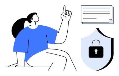 Kadın, bir kağıdın yanında elini kaldırıyor ve amblem kilitliyor, farkındalık, güvenlik ve gizlilik gösteriyor. Eğitim için ideal, çevrimiçi mahremiyet, siber güvenlik, güvenli iletişim, öğrenme platformları