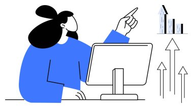 Masasında monitörlü bir kadın, büyüme çizelgesine bakıyor. Yükselen oklar başarı, ilerleme, fırsat, büyüme, strateji ve finansal planlamayı simgeliyor. Ticari pazarlama yeniliği için ideal