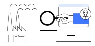 Baca fabrikası ve el yakma büyütecinin yanındaki duman online işçi profili üzerinde. İşe alım, imalat, kalite kontrolü, veri analizi, mühendislik, fabrikalar, basit iniş için ideal