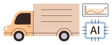 Yükselen trend grafiği ve yapay zeka çipi ile birlikte, yapay zeka destekli lojistik, otomasyon, verimlilik, gerçek zamanlı izleme, gelecekteki teknoloji, yenilik ve büyümeyi temsil ediyor. Modern düz metafor