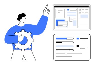 Adam, bilgisayar arayüzü ve veri ilerleme çubuğunun yanındaki teçhizatı yukarı doğru tutuyor. Takım çalışması, iş akışı optimizasyonu, veri yönetimi, teknoloji, yenilik, strateji, basit düz metafor