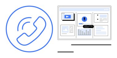 Bilgisayar ekranındaki veri, grafik ve resimlerin düzenine bağlı bir telefon simgesi. İletişim için ideal, analitik, müşteri desteği, tele pazarlama, çevrimiçi hizmetler, üretkenlik sade daire