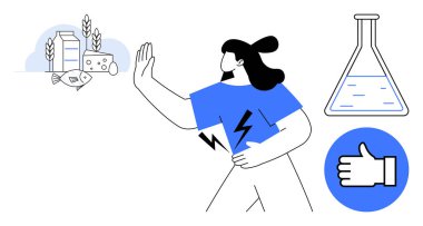 Alerjik gıdalardan kaçınan kadın süt ürünleri, balık ve buğday ürünlerini, güvenli gıdalar ve laboratuvar testi sembolü olarak onaylıyor. Sağlık, beslenme, güvenlik, alerjiler ve bilim için ideal