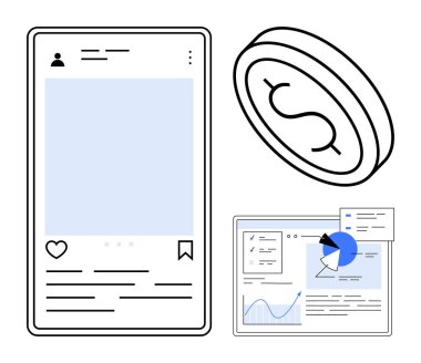 Sosyal beslemeli akıllı telefon ekranı, çizelgeli analitik panel ve çevrimiçi işlemleri sembolize eden para. Teknoloji, finans, pazarlama, iş dünyası, sosyal medya ve e-ticaret için ideal