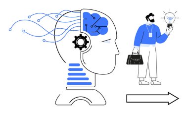 Teknolojiden esinlenilmiş beyni, dijital bağlantıları, vitesi ve oku olan bir insan kafası profili. Parlak bir ampul fikri taşıyan bir iş adamı. Yapay zeka, yaratıcılık, yenilik, strateji takım çalışması için ideal