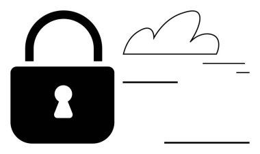Siyah asma kilit, bulutların yanında güvenliği de simgeliyor. Siber koruma, bulut depolama, veri şifreleme, güvenli erişim, çevrimiçi güvenlik, gizlilik güvencesi, basit iniş sayfası için ideal
