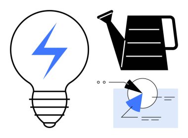 Yıldırımlı ampul, sulama kutusu, grafik ve oklarla diyagram. Fikirler, yenilikler, büyüme, strateji, enerji besleme planlaması için idealdir. Düz basit metafor