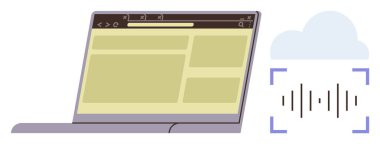 Bulut ve ses dalgası simgesinin yanında internet tarayıcı düzeni gösteren dizüstü bilgisayar, çevrimiçi ses tanımayı temsil ediyor. Teknoloji, bulut hesaplama, yapay zeka, ses komutu, veri erişimi, uzaktan çalışma için ideal