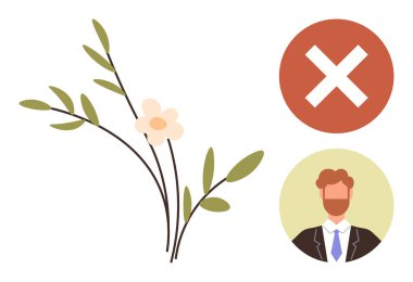 Yumuşak yaprakları ve çiçekleri olan basit bir dal, X ile kırmızı daire, erkek iş avatarı. Reddedilme, profesyonellik, doğa, karar, iş bulma eko-kavramı için idealdir. Basit bir düz metafor.