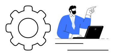 Ekip ve adam dizüstü bilgisayar kullanarak takım çalışmasını, liderliği ve iş akışını temsil ediyor. Yönetim, üretkenlik, planlama, karar verme, iletişim yeniliği için ideal basit düz