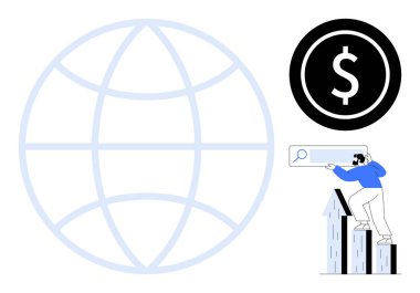 Küresel erişimi olan şeffaf bir dünya, finansal başarı için bir dolar para, arama eğilimlerini analiz eden oklar üzerinde duran biri. İş, internet, finans, başarı, büyüme, strateji için ideal